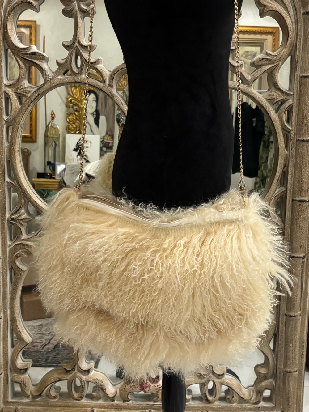Plush Faux Shearling Shoulder Bag in Cream